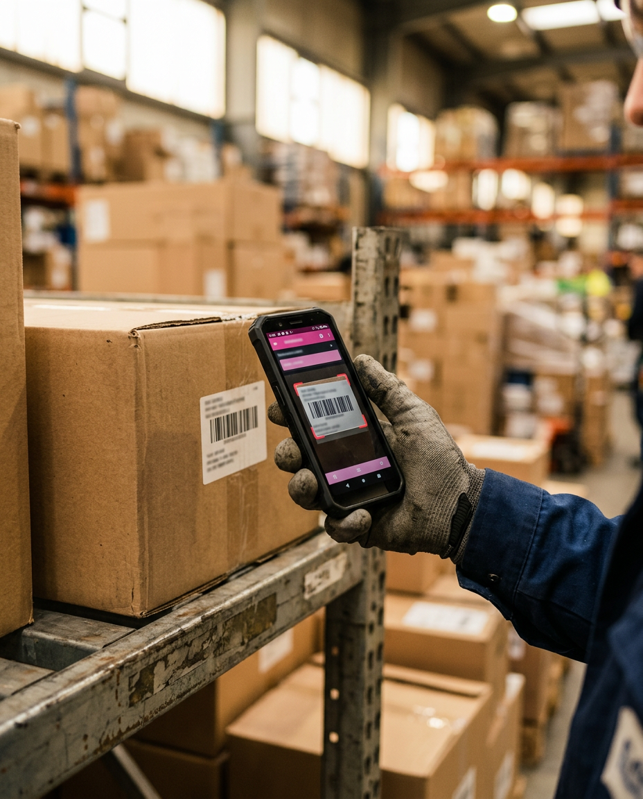 Gloved hand scanning a box barcode with a smartphone