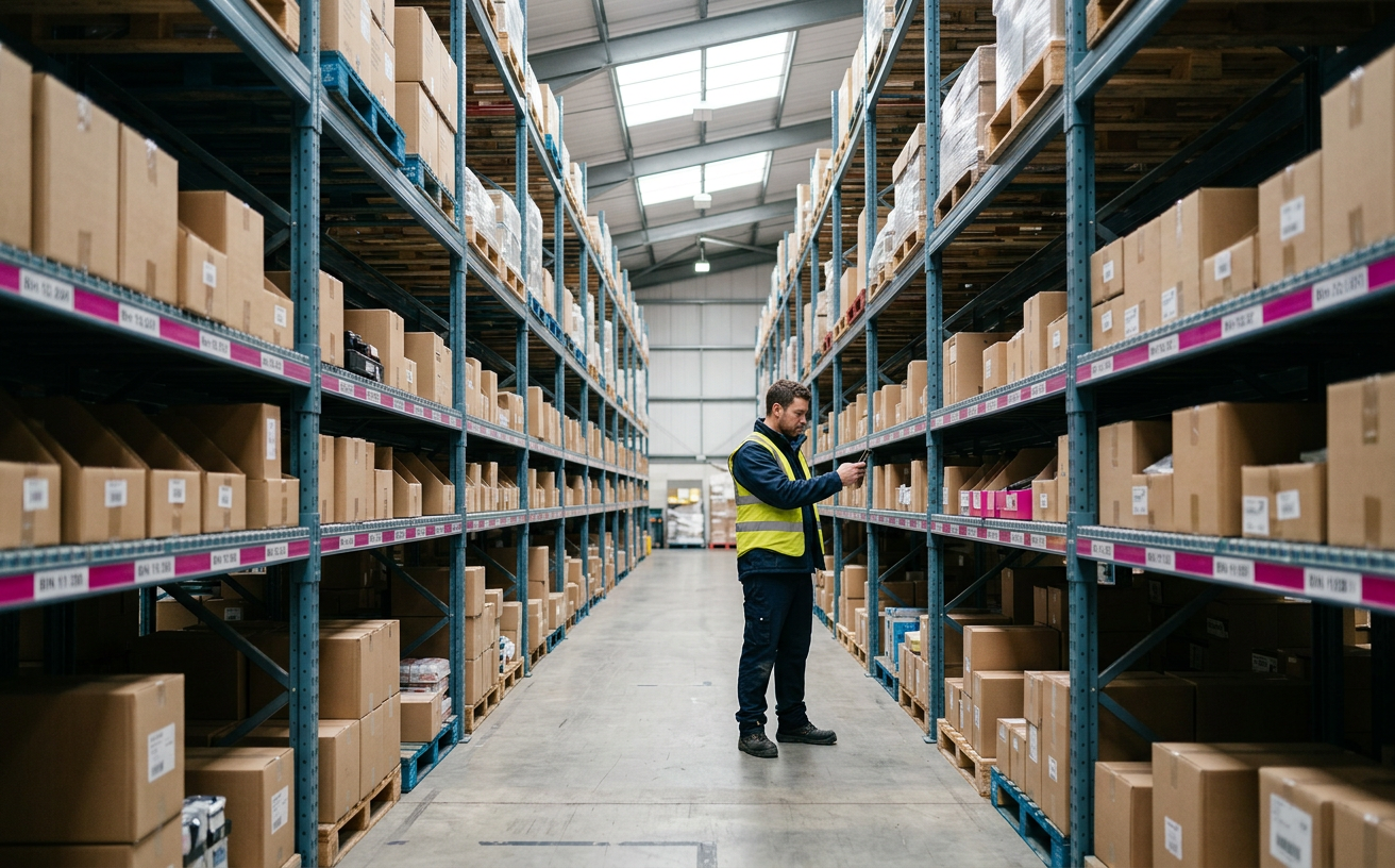 Warehouse operator scanning a shelf label in a racked aisle